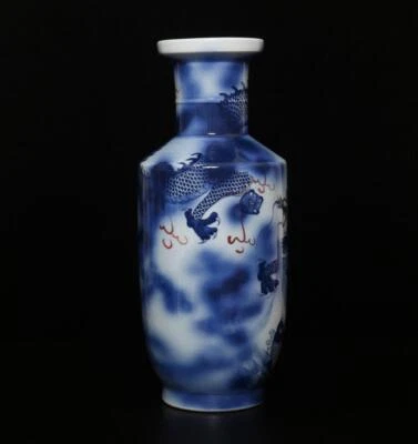 41.5CM Kangxi Signed Chinese Blue & White Porcelain Vase w/dragon