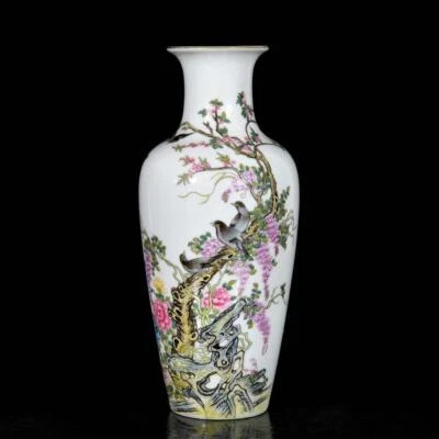 Yongzheng Signed Pair Old Chinese Colour Enamel Vase W/bird N3607