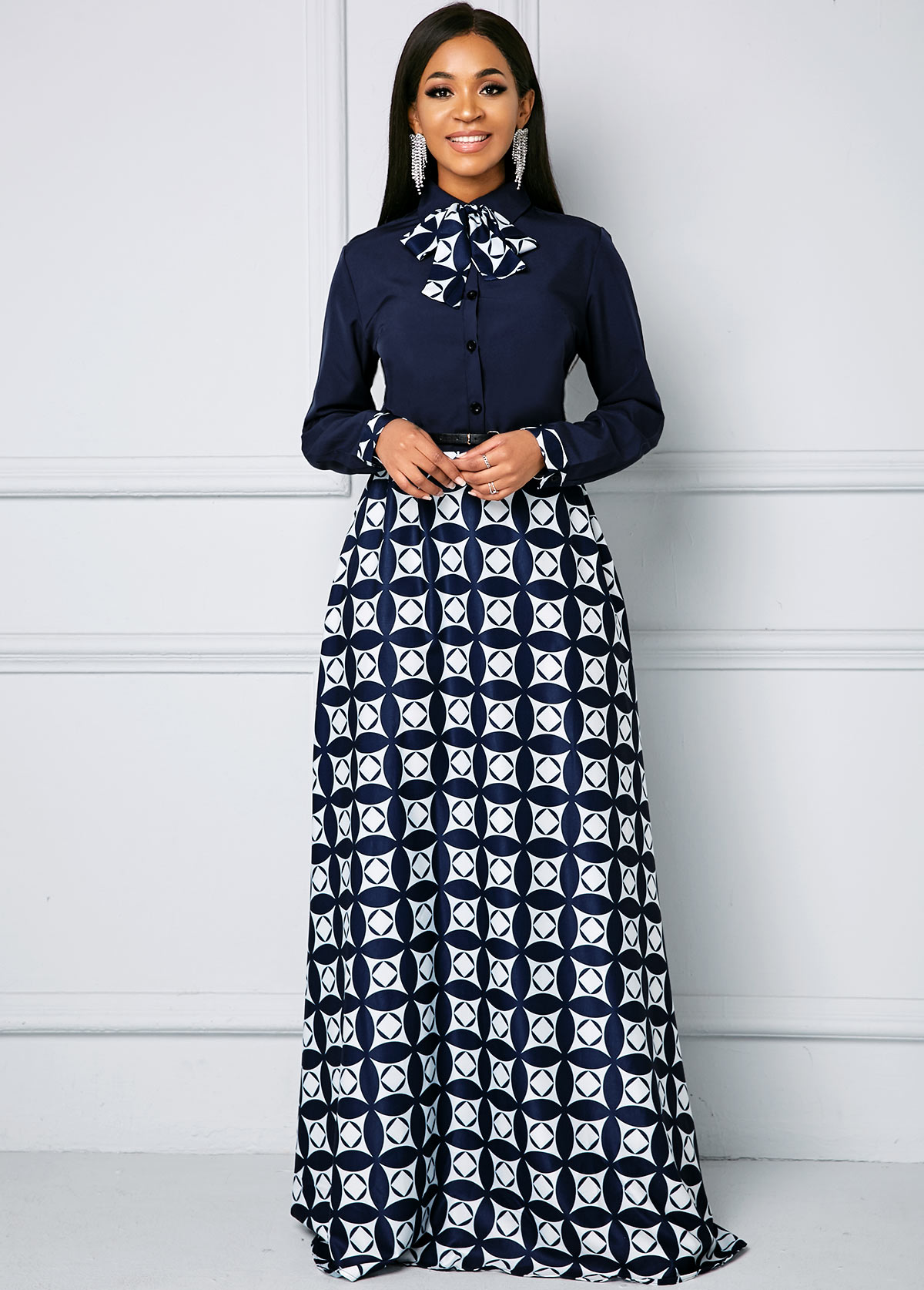 Bowknot Long Sleeve Geometric Print Maxi Dress