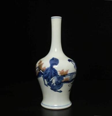 24.5CM Old Signed Antique Chinese Blue & White Porcelain Vase w/ figure
