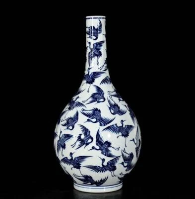 47CM Yongzheng Signed Old Chinese Blue and White Vase W/crane N3178