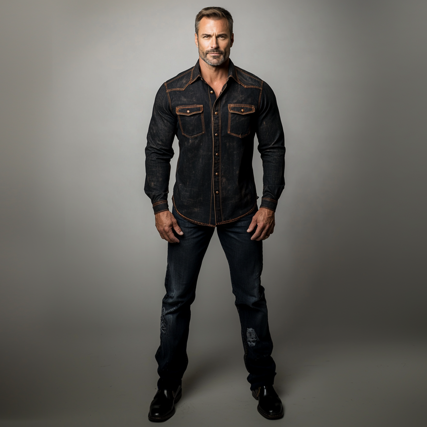 Men's Distressed Denim Turndown Collar Metal Button Long Sleeve Shirt