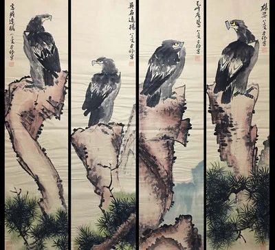 Four Li Kuchan Signed Chinese Hand Painted Calligraphy Scroll w/eagle N4055