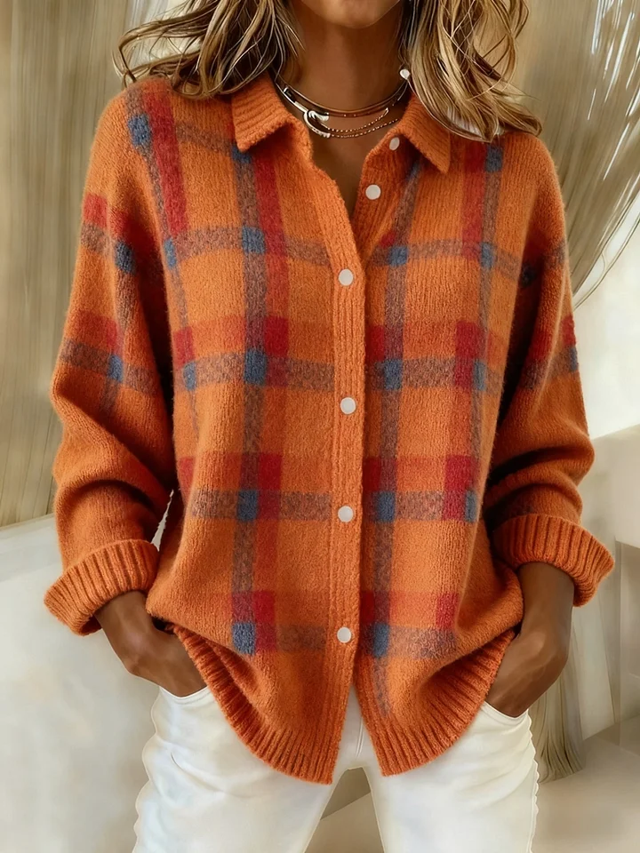 CLEARANCE SALE🔥Women's Casual Contrast Color Autumn and Winter Retro Plaid Print Buttoned Cardigan Sweater