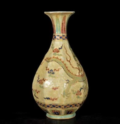 38CM Jingtai Signed Old Chinese Wucai Color Vase W/dragon N3134