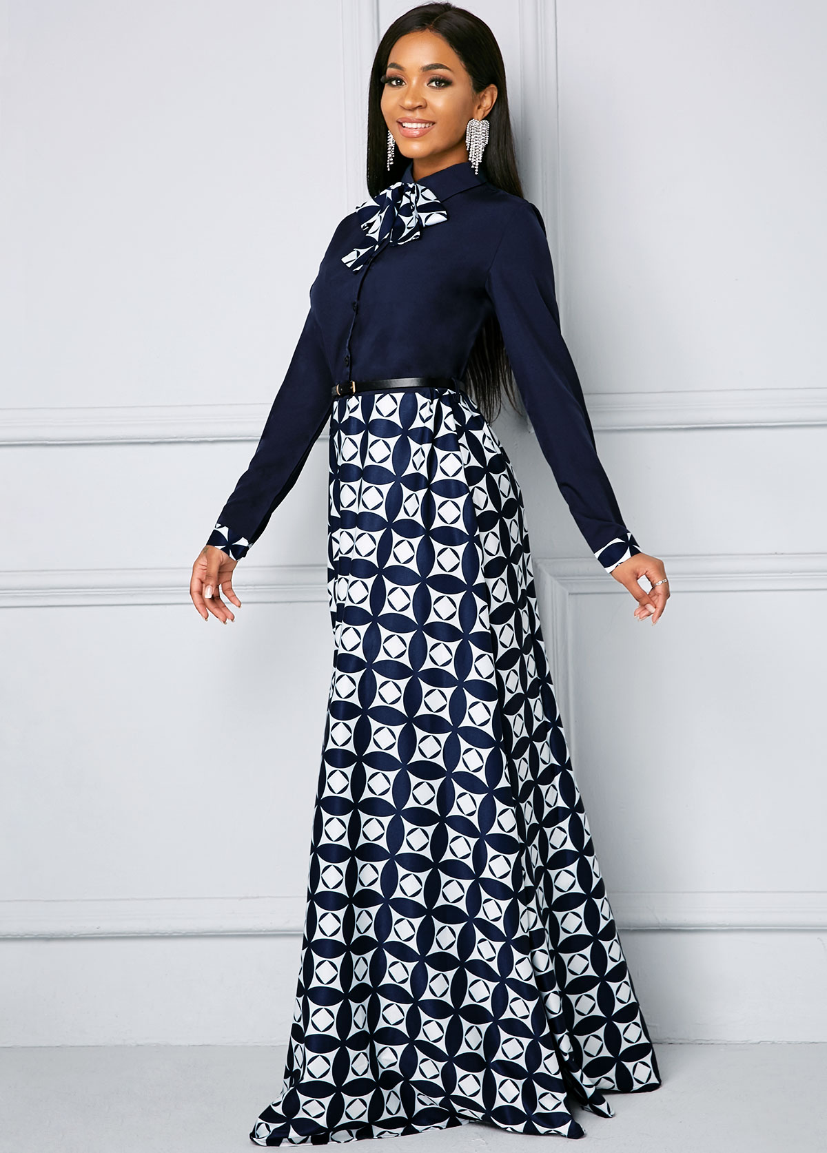 Bowknot Long Sleeve Geometric Print Maxi Dress