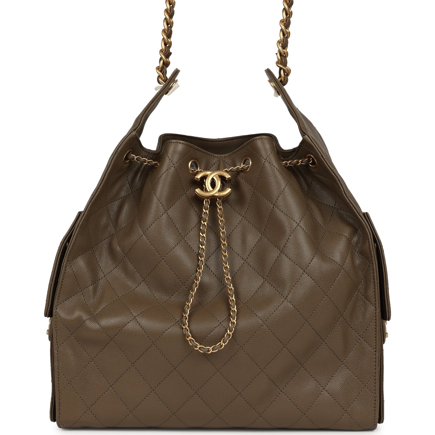 CHANEL Medium 25 Hobo Bag Dark Khaki Caviar Antique Gold Hardware