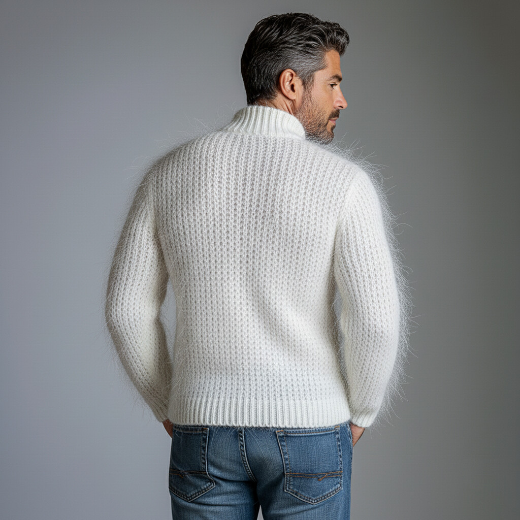 Men's White Mock Neck Long Sleeve Fuzzy Knit Sweater