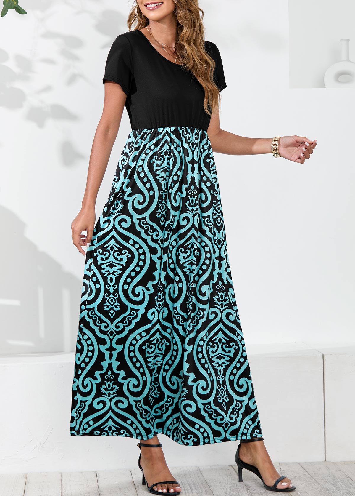 Tribal Print Cyan Round Neck Dress