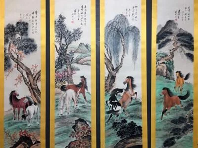 Four Pu Zuo Signed Chinese Hand Painted Calligraphy Scroll w/horse N2153