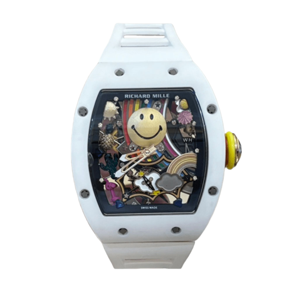 【7A Quality】Best Richard Mille RM 88 Smiley Replica Swiss Automatic Tourbillon Watch with White Rubber Strap