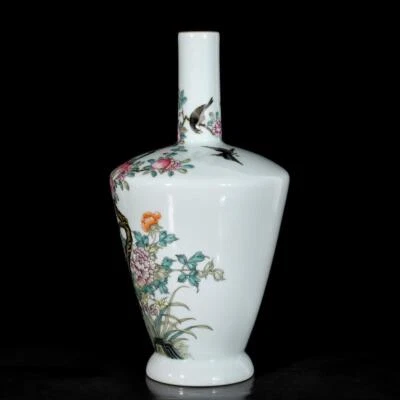 33CM Qianlong Signed Old Chinese Colour Enamel Vase W/bird N3442