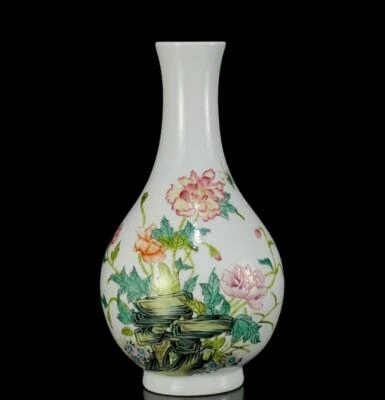 Yongzheng Signed Pair Old Chinese Famille Rose Vase W/flower N1292
