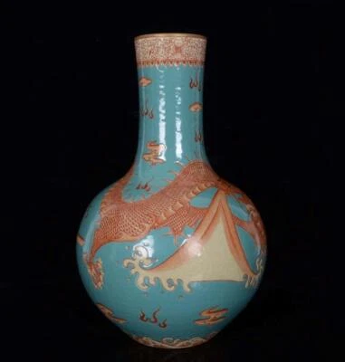 36CM Qianlong Signed Old Chinese Famille Rose Vase W/ dragon N110