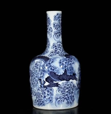 35CM Xuande Signed Old Chinese Blue and White Vase W/dragon N3177
