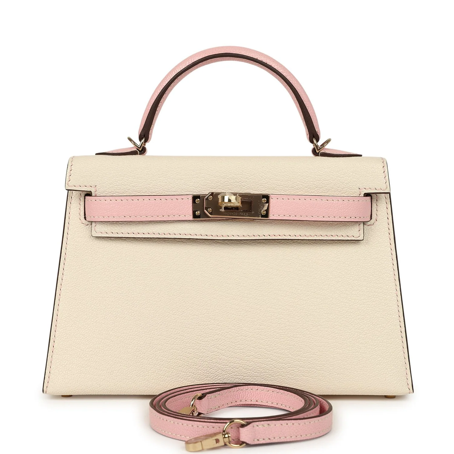 HERMÈS Special Order (HSS) Kelly Sellier 20 Craie, Rose Sakura Chevre Mysore Permabrass Hardware
