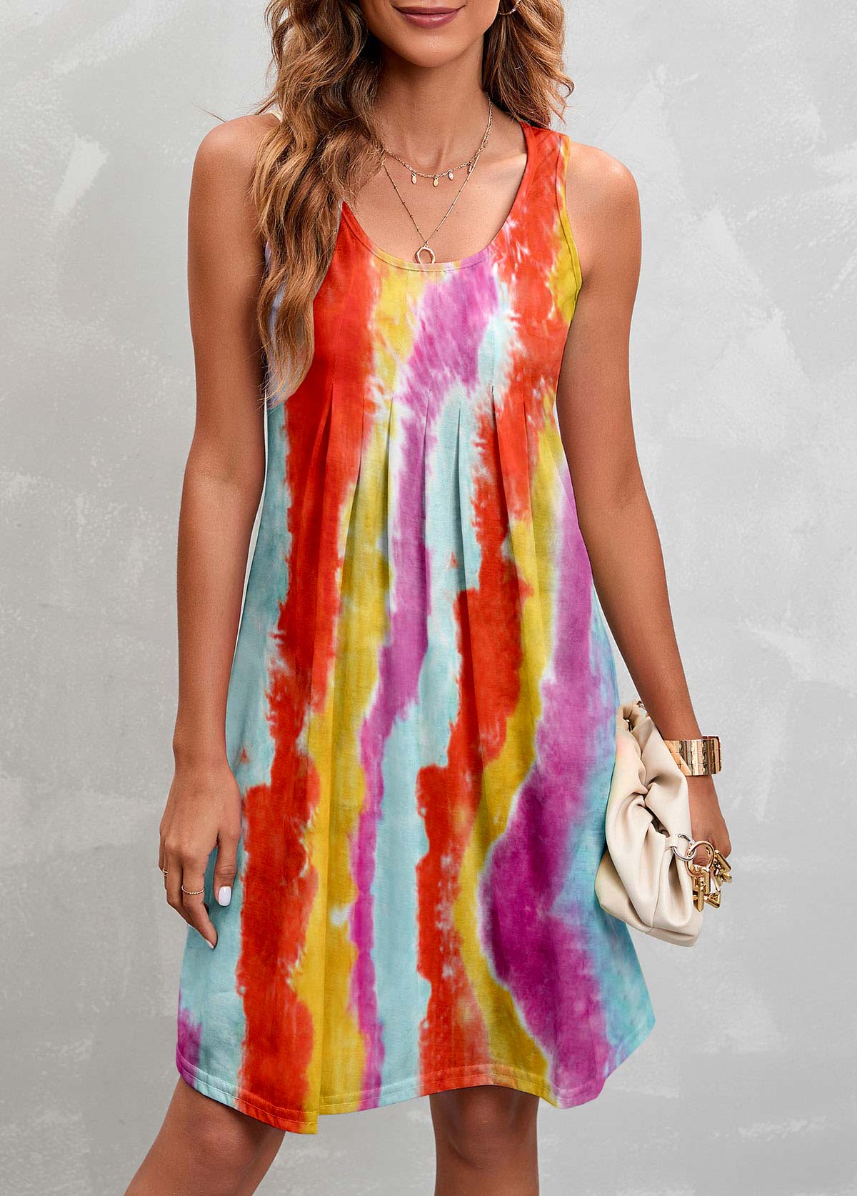 Sleeveless Round Neck Pleated Design Dress