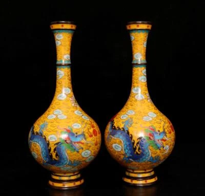 27CM Qianlong Signed Pair Chinese Cloisonne Enamel Bronze Vase w/dragon N2681