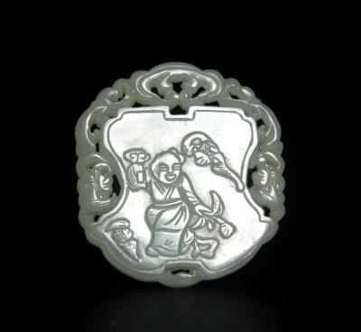 Chinese Both Carved Nephrite Jade Pendant w/ kid