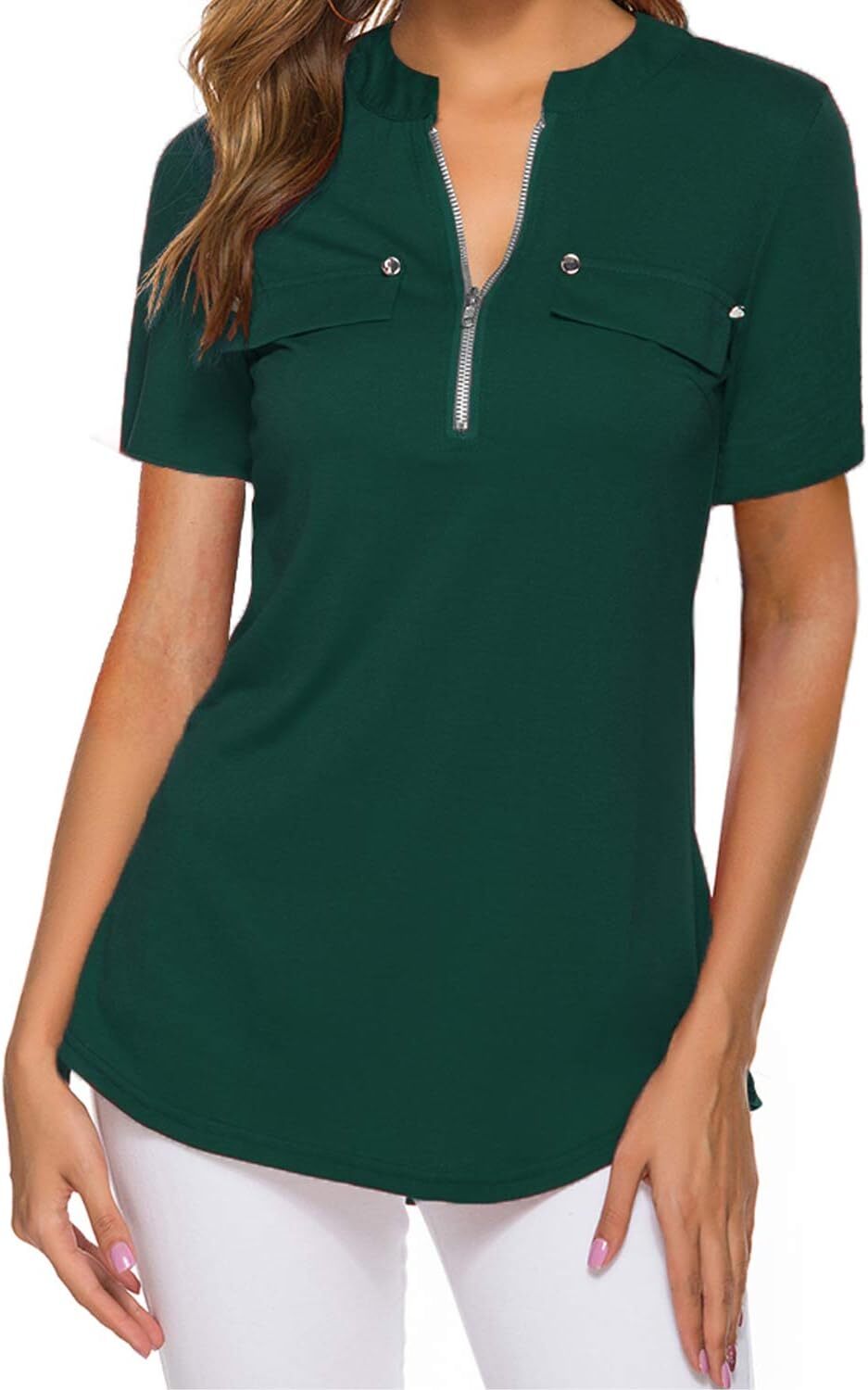 Damen Kurzarm Zip Quaste Long Shirt Business Casual Arbeit Büro Shirt