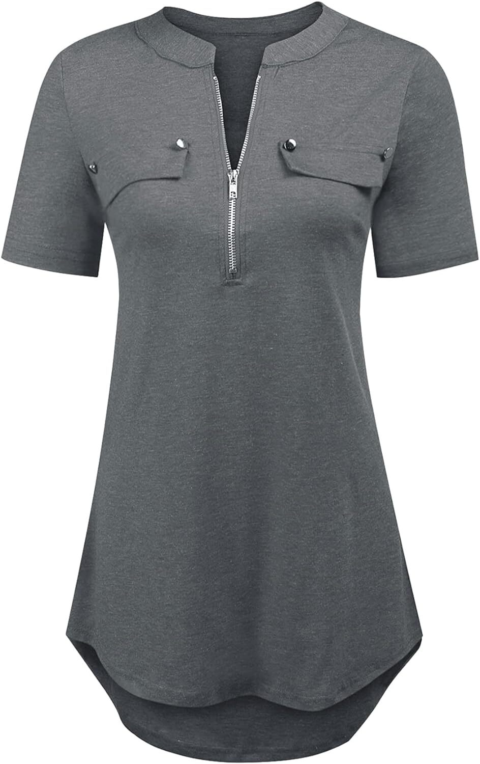Damen Kurzarm Zip Quaste Long Shirt Business Casual Arbeit Büro Shirt