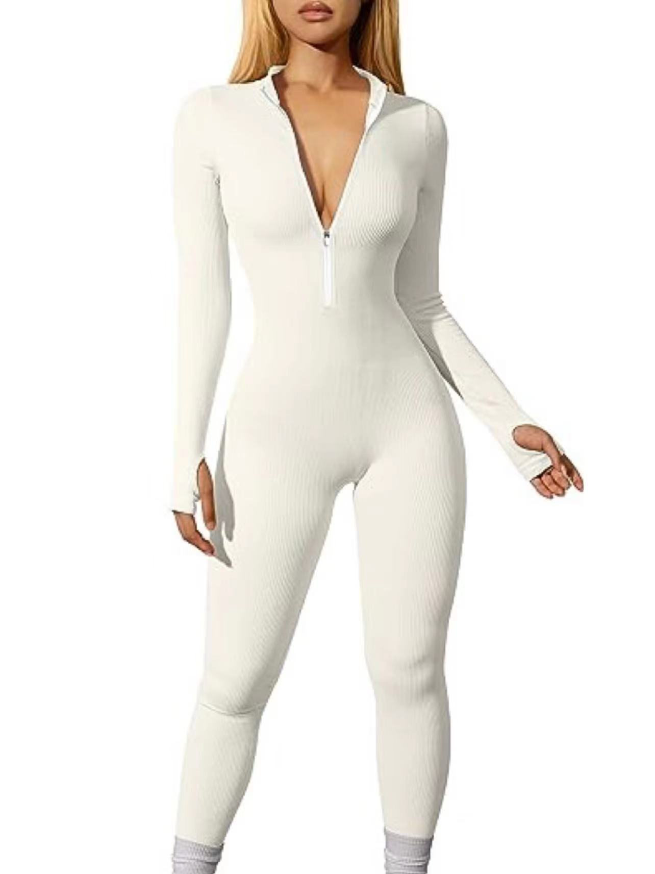 European and American Cross-Border 2026 Women's Sports Jumpsuit Workout Ribbed Long-Sleeved Zipper Casual Jumpsuit Pants Tight