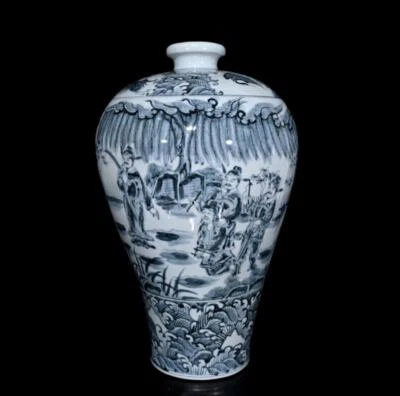 44CM Tianshun Signed Old Chinese Blue and White Vase W/figure N448