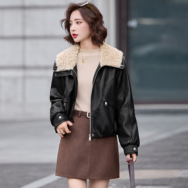 Fashion winter coat simple plus velvet leather coat