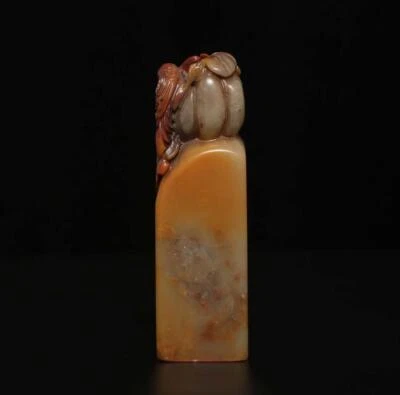Signed Old Chinese Shoushan Stone Seal Stamp Statue w/grape 190g