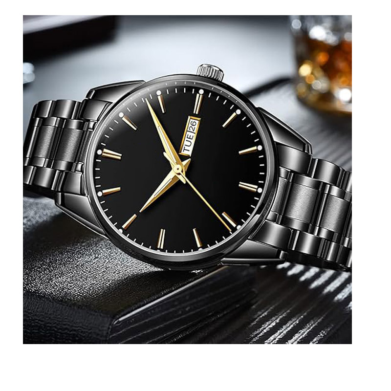 Men's watch, business dress style, diamond-set quartz movement, date display, luxurious classic stainless steel waterproof luminous two-tone wristwatch.