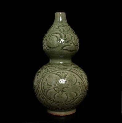 23CM Old Fine Chinese Yue Kiln Goud Vase w/flower