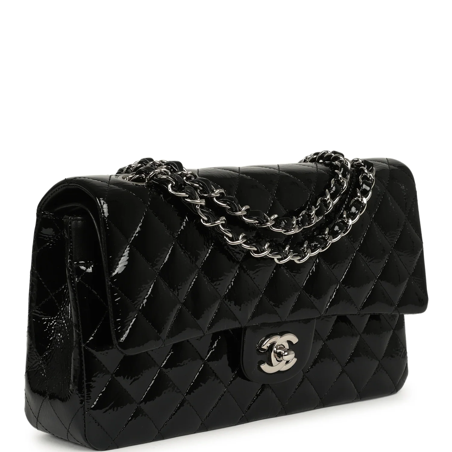 CHANEL Medium Classic Double Flap Bag Black Patent Silver Hardware