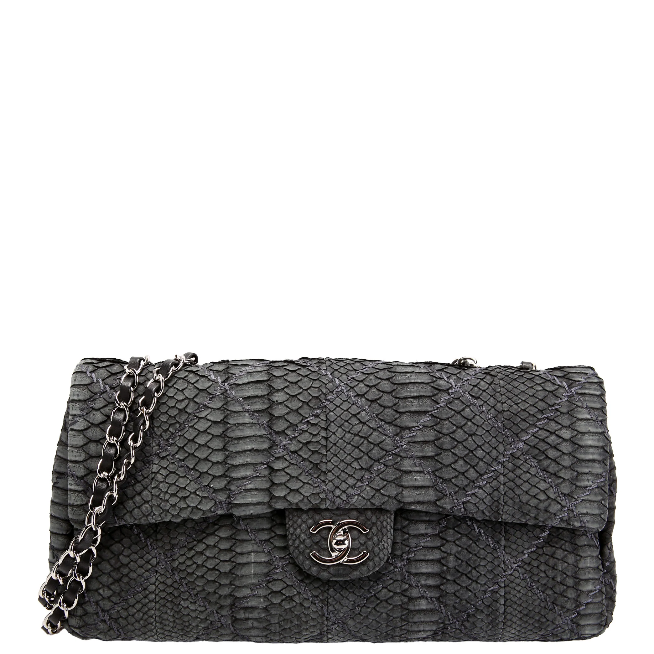 CHANEL Python Stitch Flap Bag 14M Charcoal