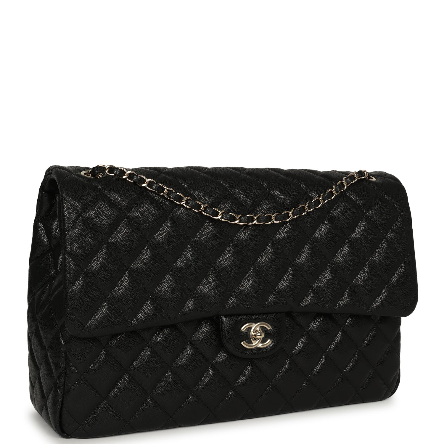 CHANEL XXL Classic Single Flap Bag Black Shiny Caviar Light Gold Hardware