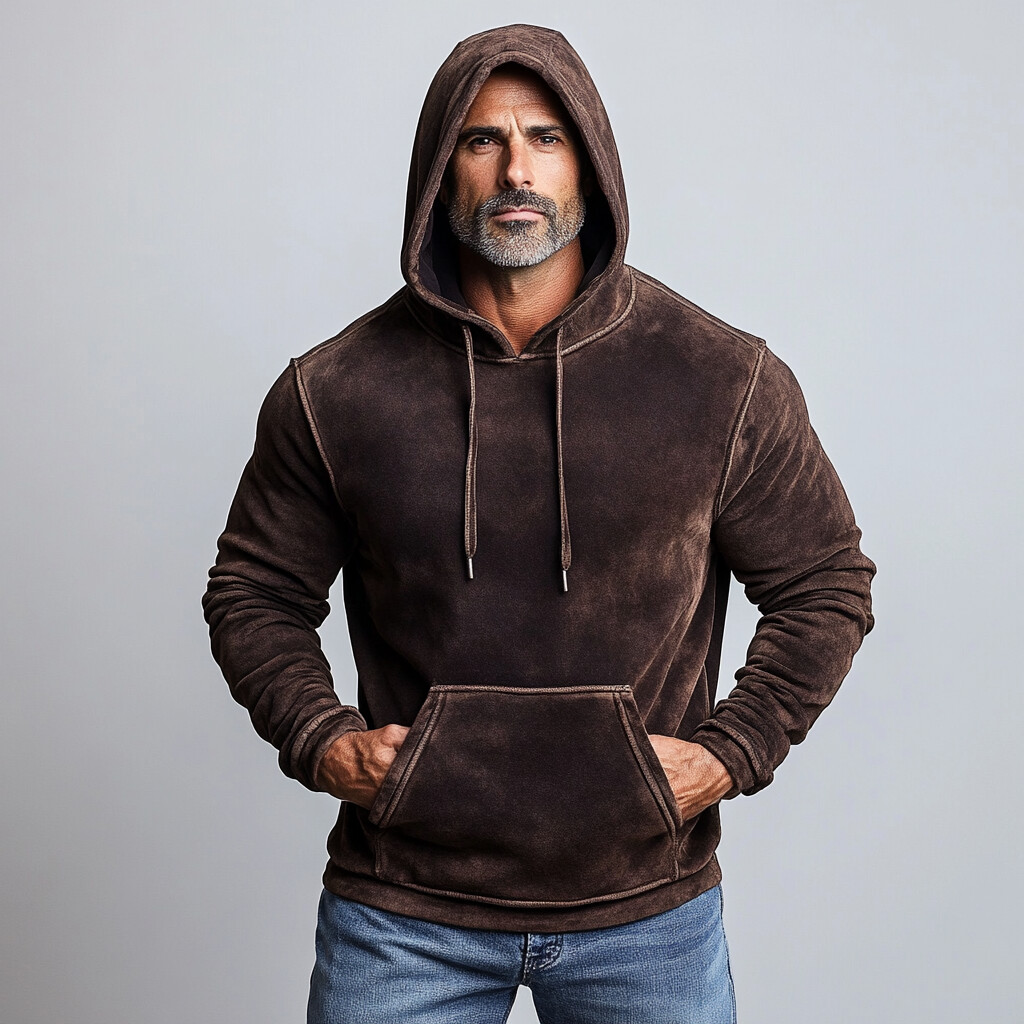 Men's Daily Suede Solid Pocket Long Sleeve Drawstring Hoodie