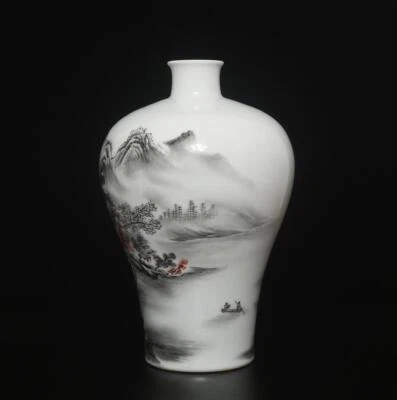 32CM Qianlong Signed Antique Chinese Ink Color Vase W/ landscape