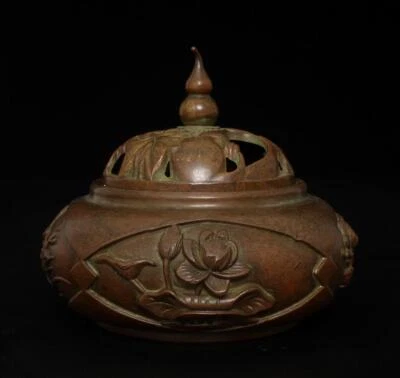 Zhenwan Signed Old Chinese Bronze Incense Burner w/flower