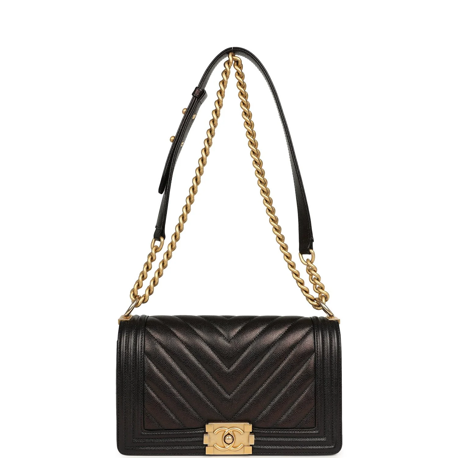 Chanel Medium Chevron Boy Bag Black Caviar Antique Gold Hardware