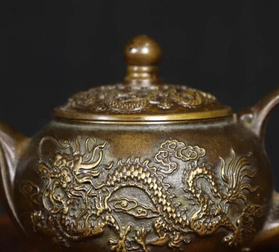 Qianlong Signed Old Chinese Copper Teapot w/dragon N4141