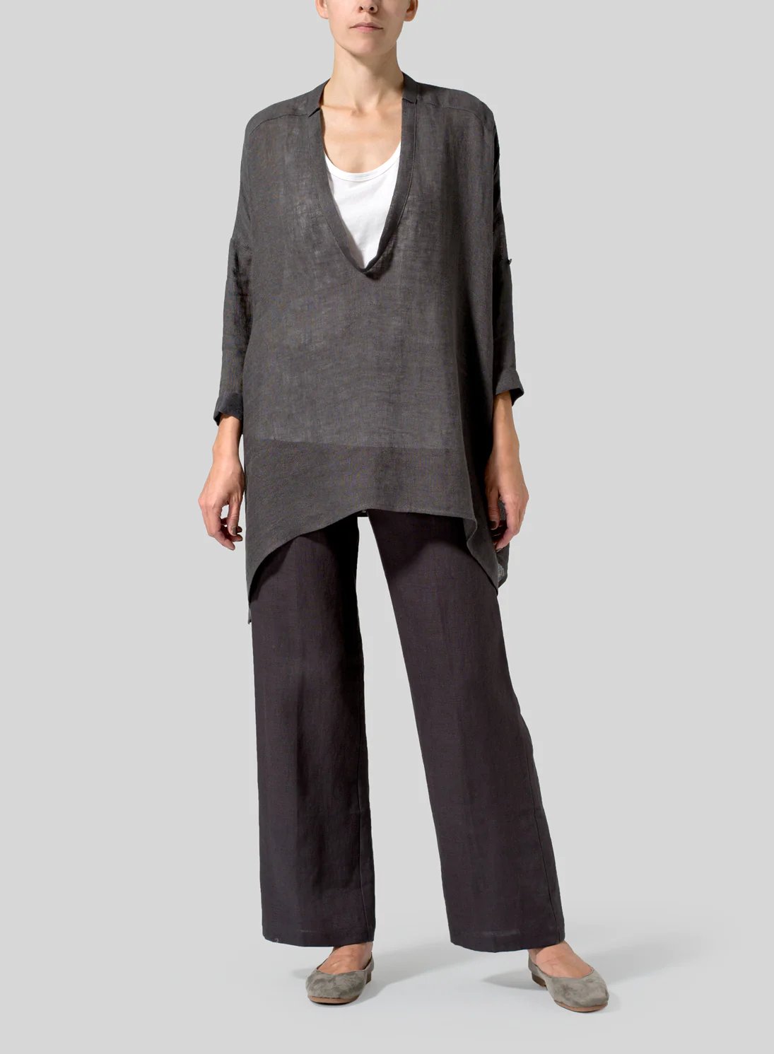 Womens Cotton Linen Loose Deep V Neck Pullover