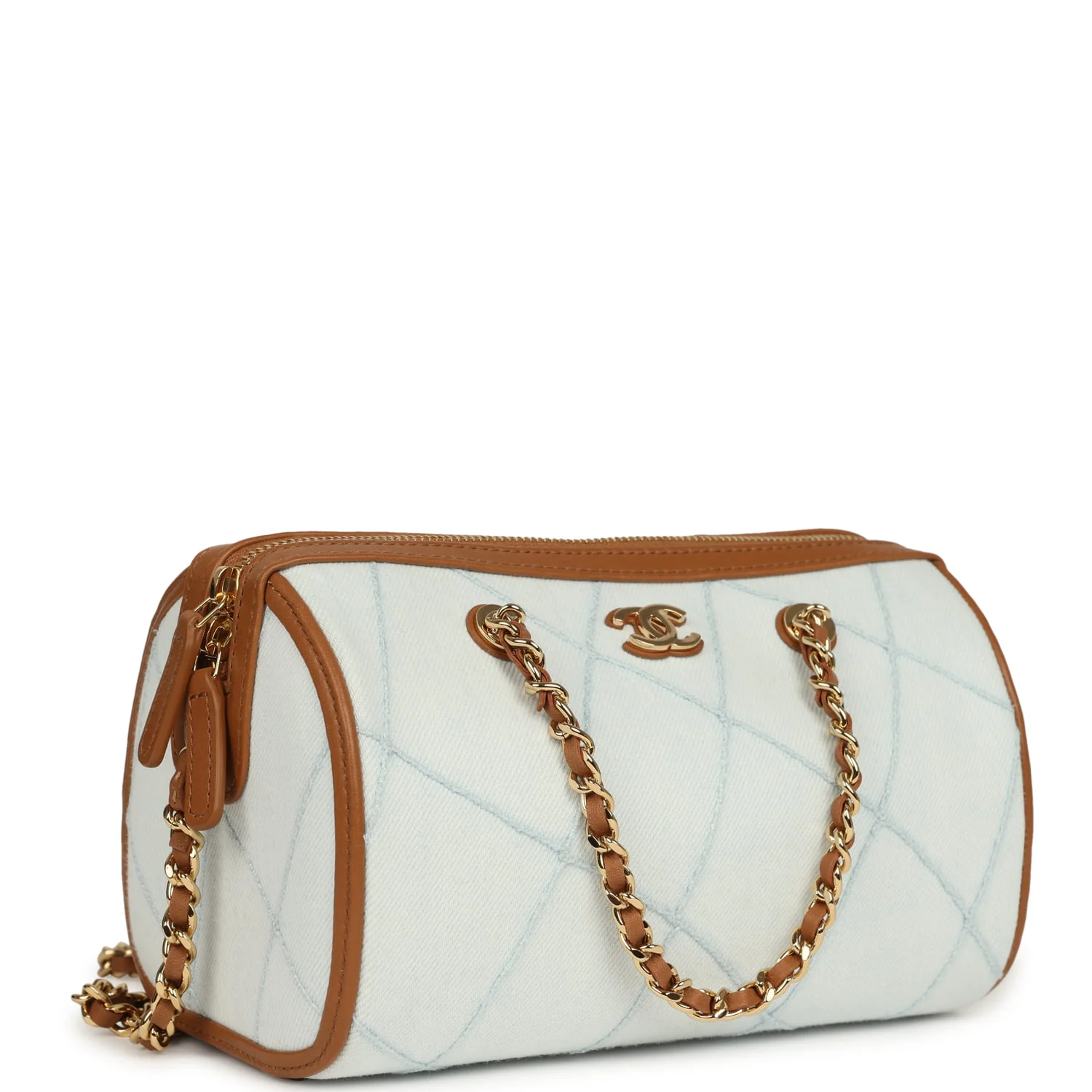 Chanel Coco Beach Mini Timeless Classic Barrel Bag with Chain Light Blue Denim and Brown Calfskin Gold Hardware