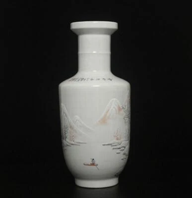 43.5CM He Xuren Signed Antique Chinese Ink Color Vase W/ landscape