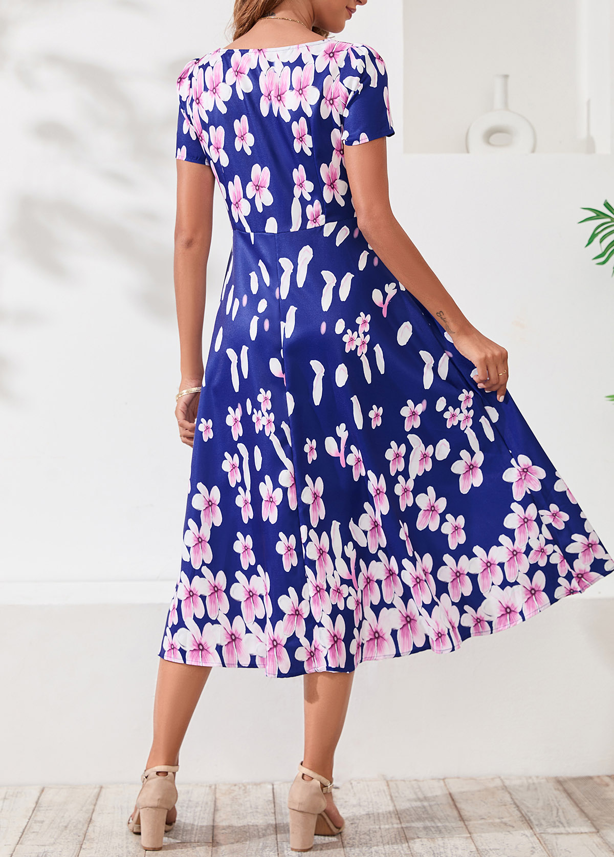 Floral Print Square Collar Navy Blue Dress