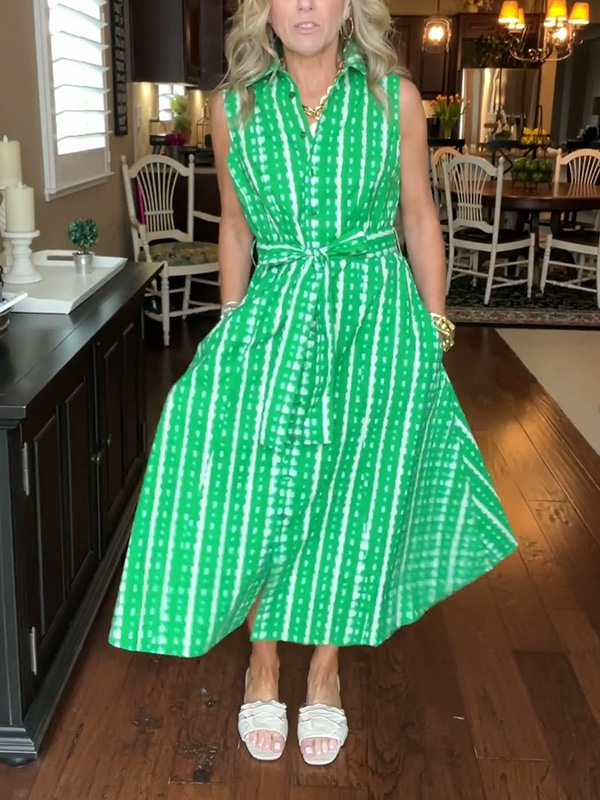 New🔥 Lapel Button Printed Waistband Dress
