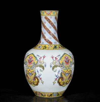 28CM Yongzheng Signed Old Chinese Colour Enamel Vase W/flower N3614