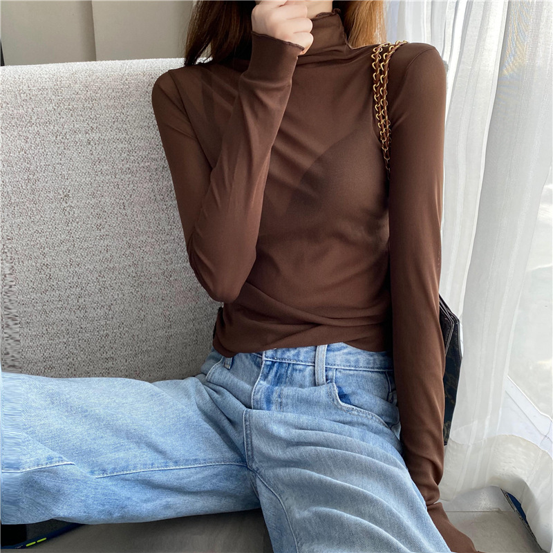 Slim-fit turtleneck inner long-sleeved lace bottoming shirt Women's thin mesh top autumn and winter black wooden ear gauze shirt Women