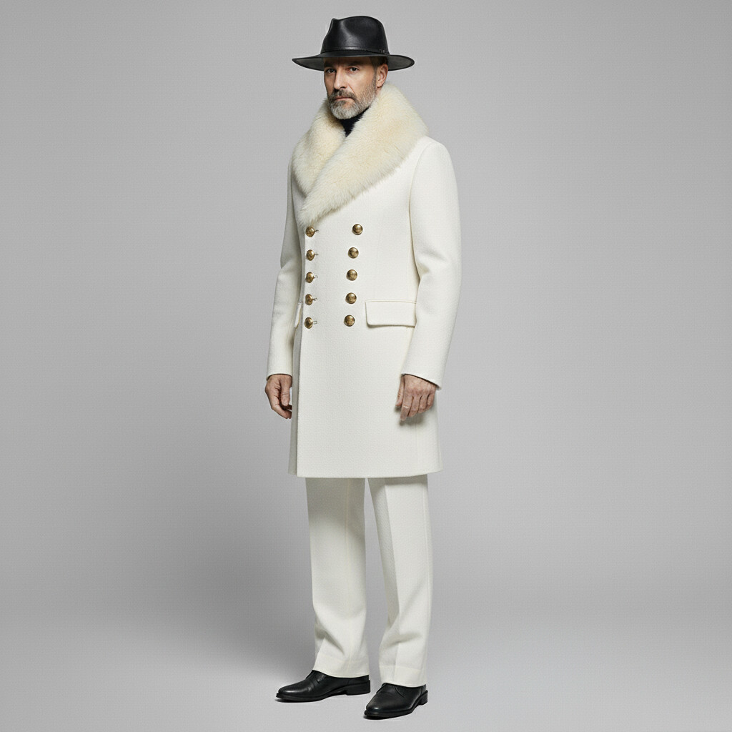 Men's White Furry Collar Double Breasted Shawl Lapel Long Sleeve Trench Coats