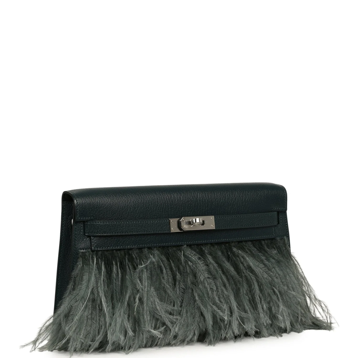 HERMÈS Kelly Elan Foile Vert Cypress Chevre Chamkila And Ostrich Feathers Palladium Hardware
