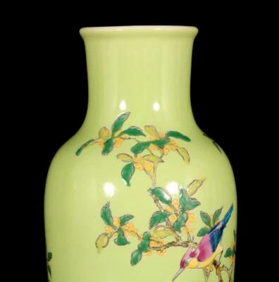 Pair Yongzheng Signed Old Chinese Colour Enamel Vase W/bird N1503