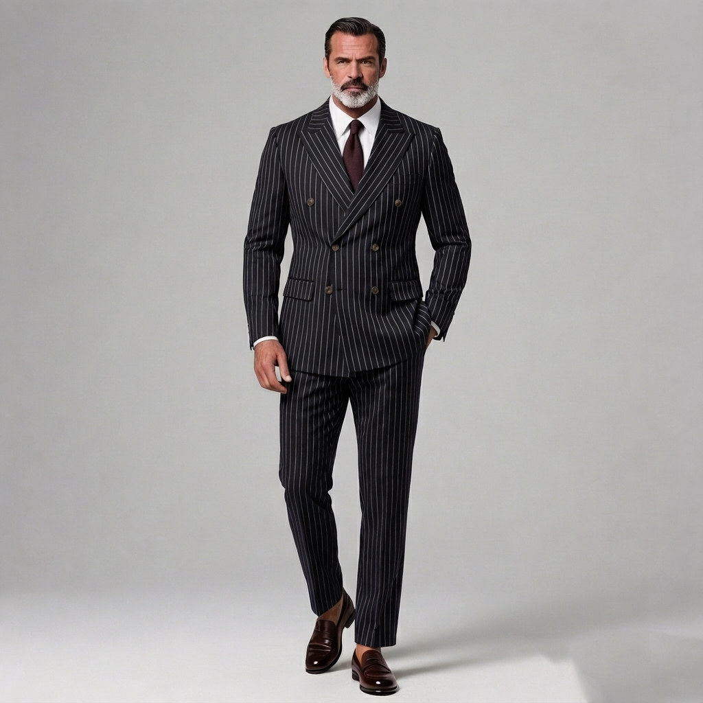 Men's Business Striped Peak Lapel Double Breasted Long Sleeve Blazer & Pants 2Pcs Set